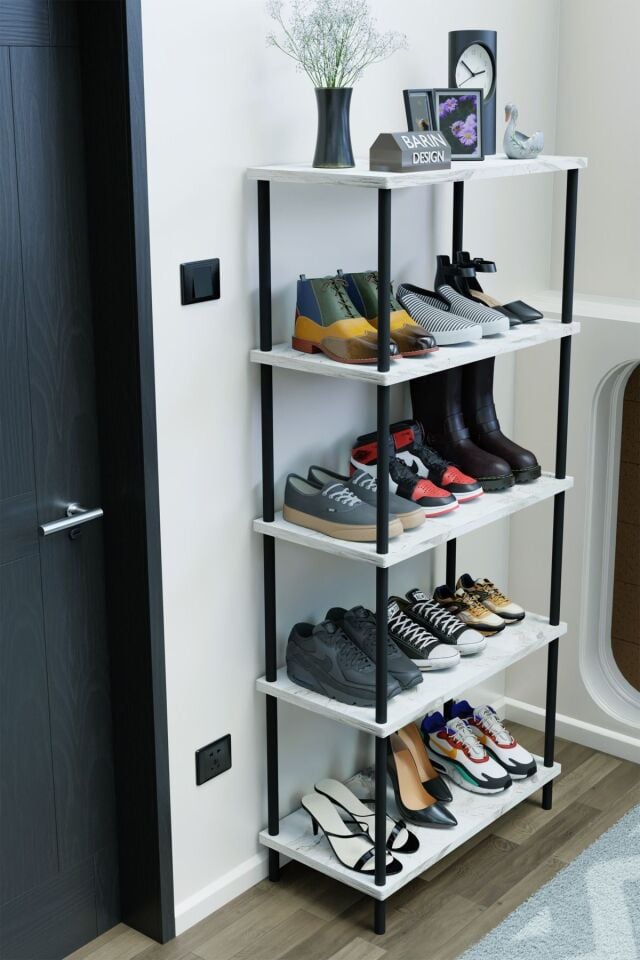 5 Raflı Çevir-Kur Ayakkabılık Metal Gövde Çok Amaçlı Raf Ünitesi Antre, Balkon, Banyo Uyumlu Dolap Beyaz Mermer