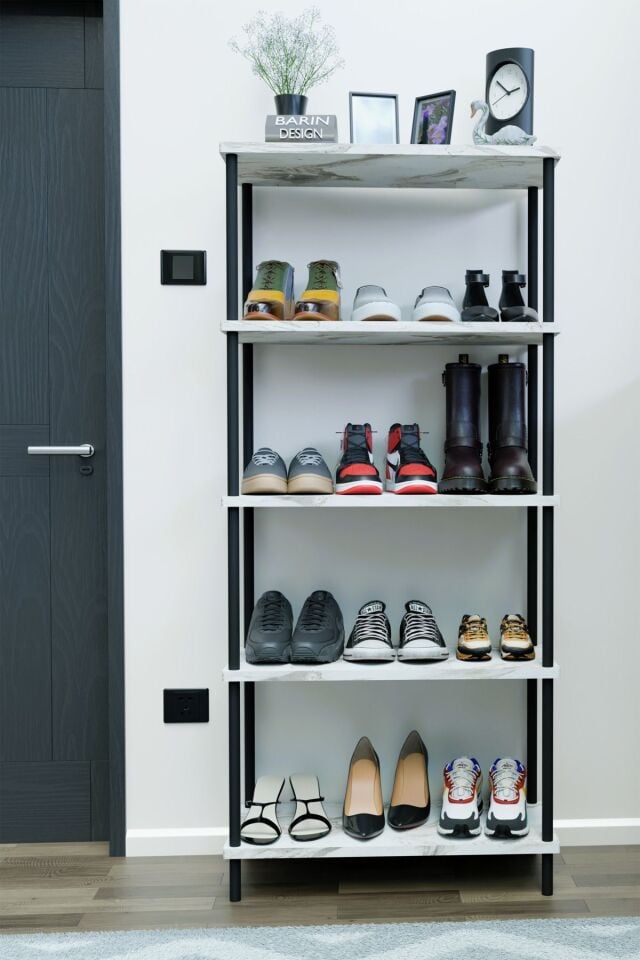 5 Raflı Çevir-Kur Ayakkabılık Metal Gövde Çok Amaçlı Raf Ünitesi Antre, Balkon, Banyo Uyumlu Dolap Beyaz Mermer