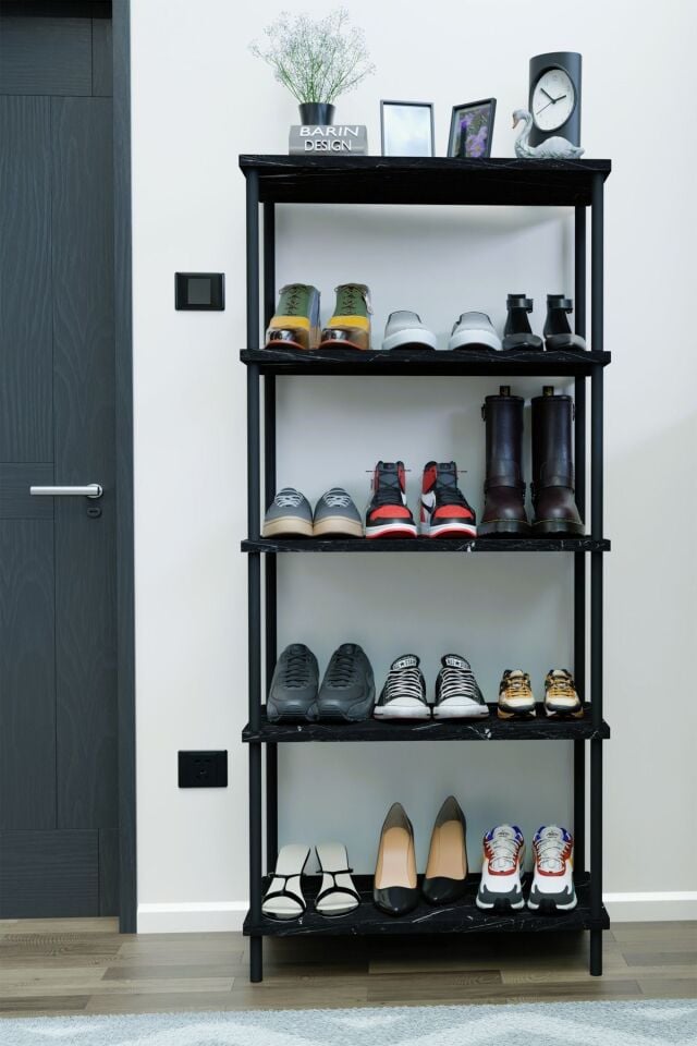 5 Raflı Çevir-Kur Ayakkabılık Metal Gövde Çok Amaçlı Raf Ünitesi Antre, Balkon, Banyo Uyumlu Dolap Siyah Mermer