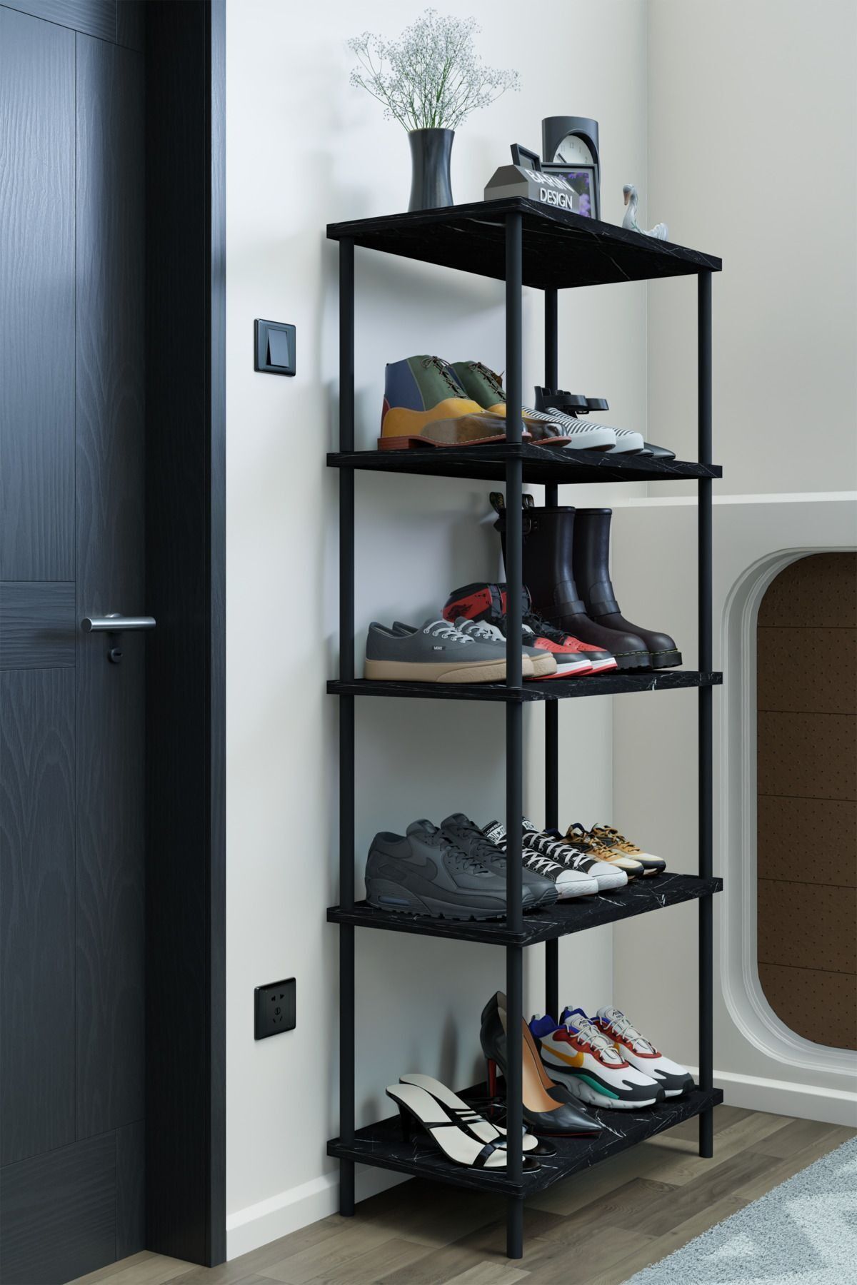 5 Raflı Çevir-Kur Ayakkabılık Metal Gövde Çok Amaçlı Raf Ünitesi Antre, Balkon, Banyo Uyumlu Dolap Siyah Mermer