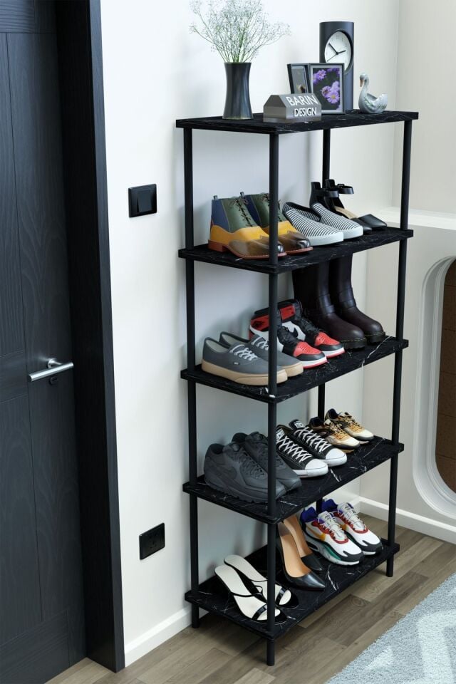 5 Raflı Çevir-Kur Ayakkabılık Metal Gövde Çok Amaçlı Raf Ünitesi Antre, Balkon, Banyo Uyumlu Dolap Siyah Mermer