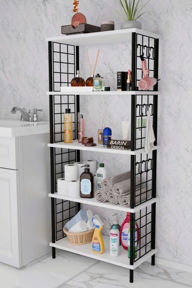 5 Raflı Çevir-Kur Raf Ünitesi | Telli Metal Gövdeli Organizer | Banyo, Mutfak, Balkon, Antre Uyumlu Beyaz