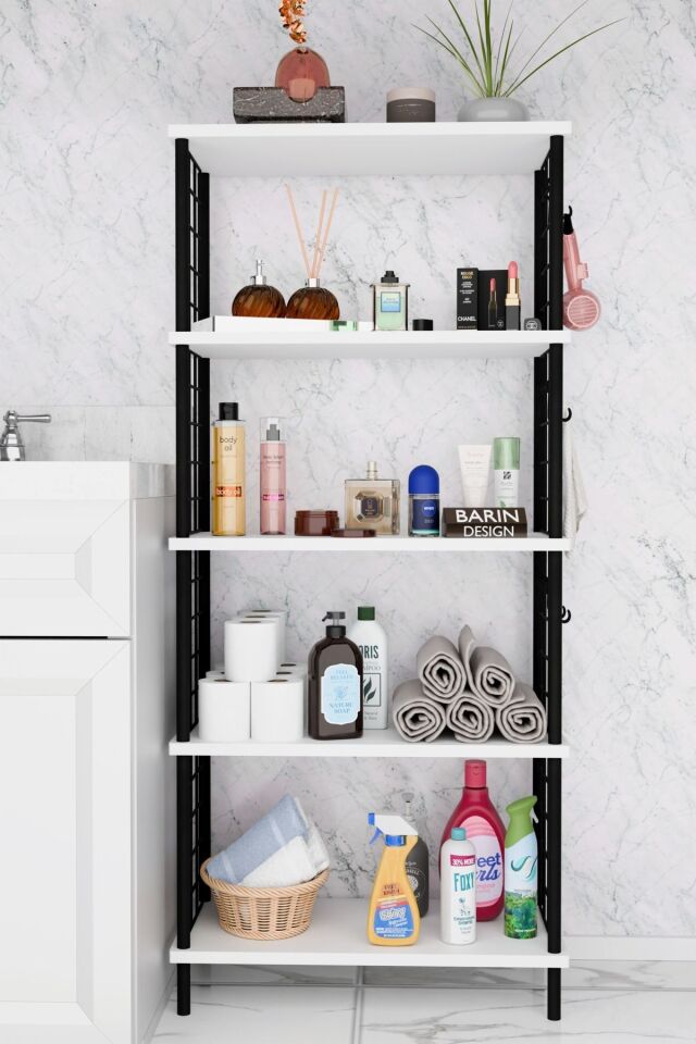 5 Raflı Çevir-Kur Raf Ünitesi | Telli Metal Gövdeli Organizer | Banyo, Mutfak, Balkon, Antre Uyumlu Beyaz