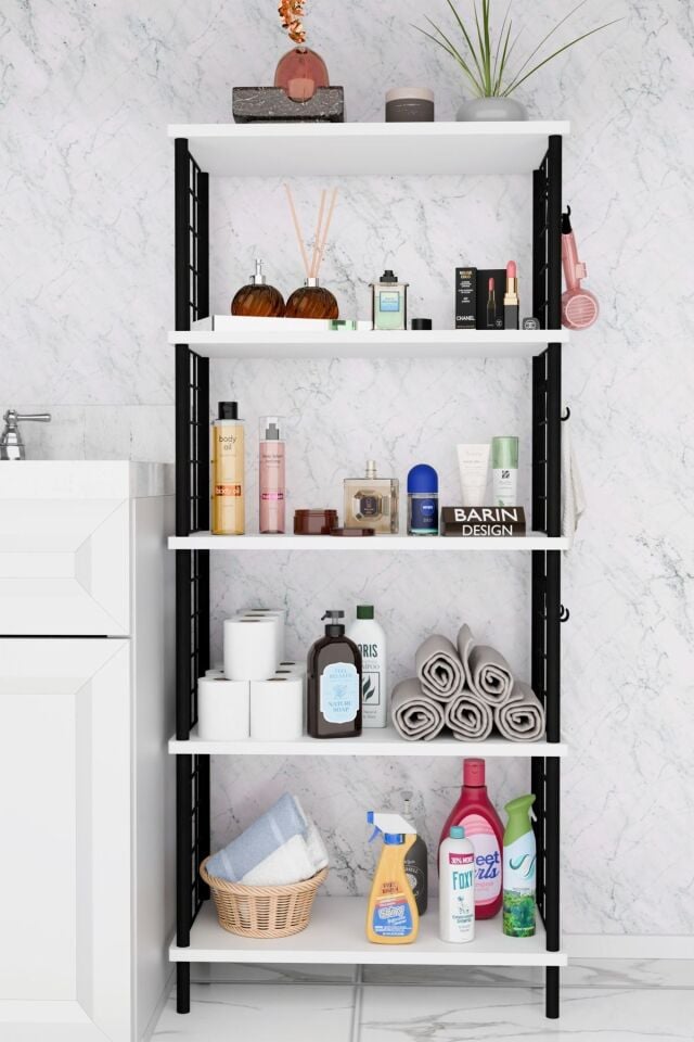 Barın Design 5 Raflı Çevir-Kur Raf Ünitesi | Telli Metal Gövdeli Organizer | Banyo, Mutfak, Balkon, Antre Uyumlu Beyaz