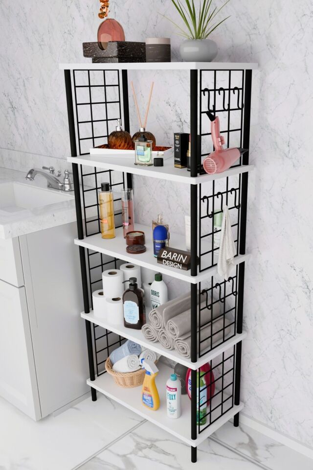 5 Raflı Çevir-Kur Raf Ünitesi | Telli Metal Gövdeli Organizer | Banyo, Mutfak, Balkon, Antre Uyumlu Beyaz