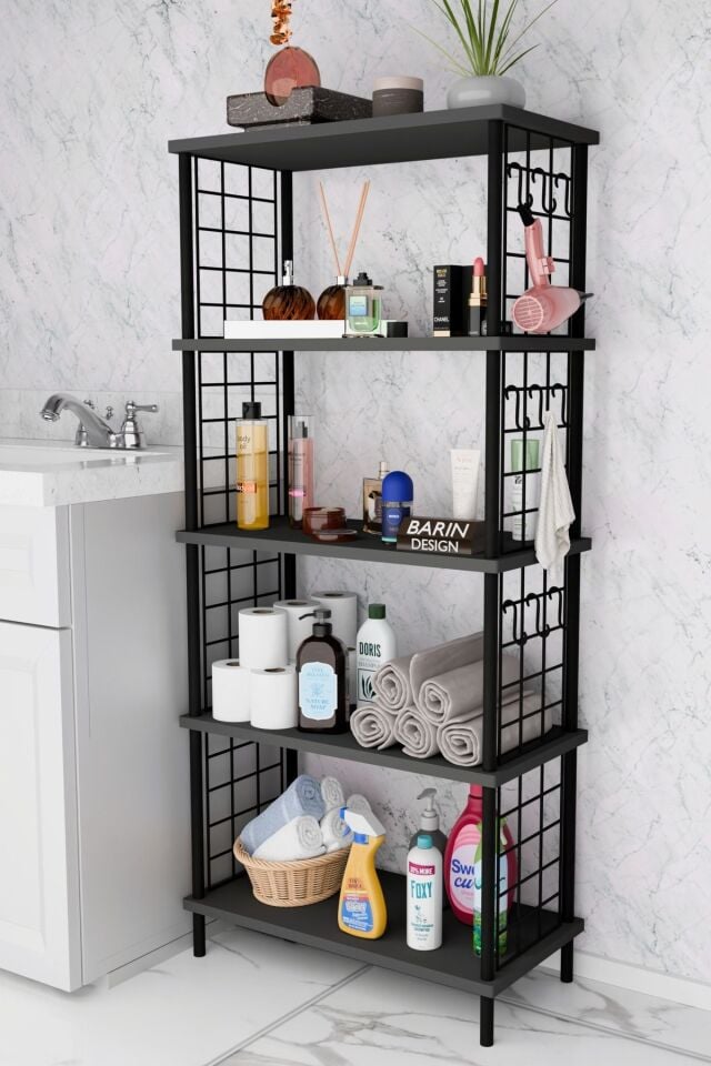 5 Raflı Çevir-Kur Raf Ünitesi | Telli Metal Gövdeli Organizer | Banyo, Mutfak, Balkon, Antre Uyumlu Antrasit