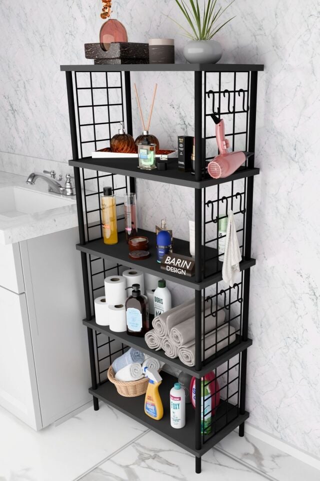 5 Raflı Çevir-Kur Raf Ünitesi | Telli Metal Gövdeli Organizer | Banyo, Mutfak, Balkon, Antre Uyumlu Antrasit