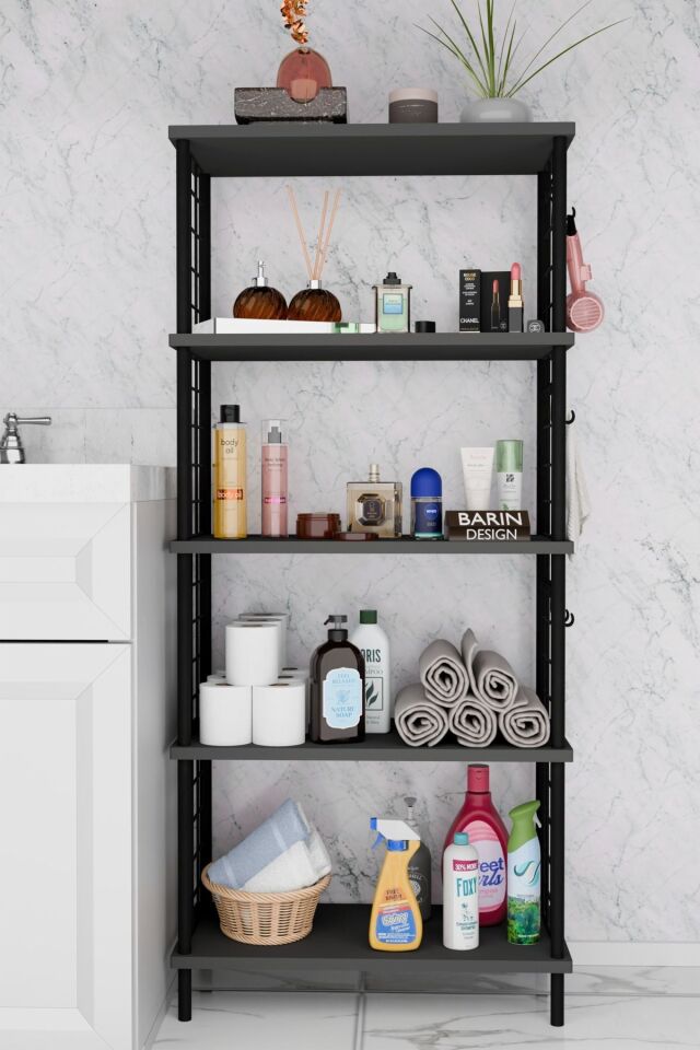 Barın Design 5 Raflı Çevir-Kur Raf Ünitesi | Telli Metal Gövdeli Organizer | Banyo, Mutfak, Balkon, Antre Uyumlu Antrasit