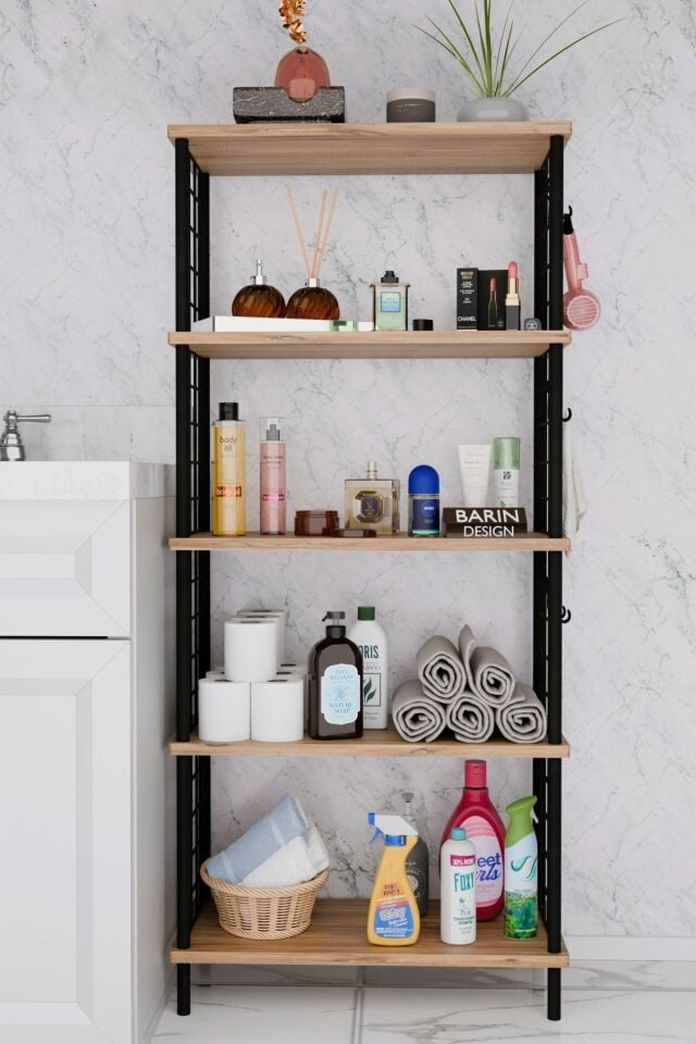 Barın Design 5 Raflı Çevir-Kur Raf Ünitesi | Telli Metal Gövdeli Organizer | Banyo, Mutfak, Balkon, Antre Uyumlu Atlantik Çam