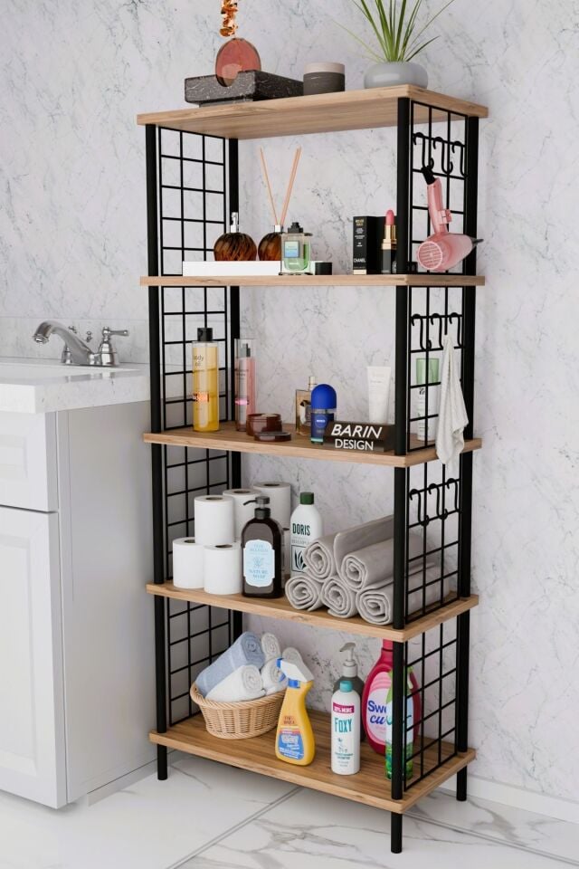 5 Raflı Çevir-Kur Raf Ünitesi | Telli Metal Gövdeli Organizer | Banyo, Mutfak, Balkon, Antre Uyumlu Atlantik Çam