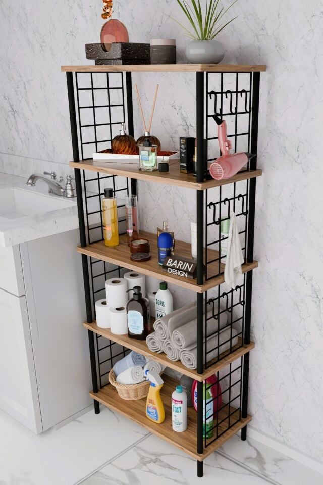 5 Raflı Çevir-Kur Raf Ünitesi | Telli Metal Gövdeli Organizer | Banyo, Mutfak, Balkon, Antre Uyumlu Atlantik Çam
