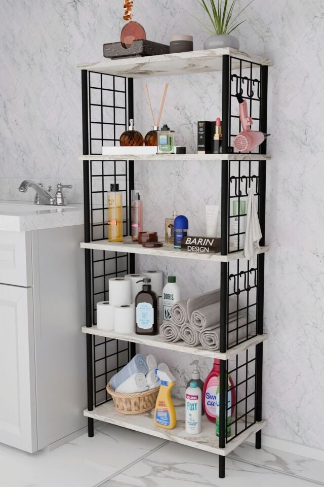 5 Raflı Çevir-Kur Raf Ünitesi | Telli Metal Gövdeli Organizer | Banyo, Mutfak, Balkon, Antre Uyumlu Beyaz Mermer