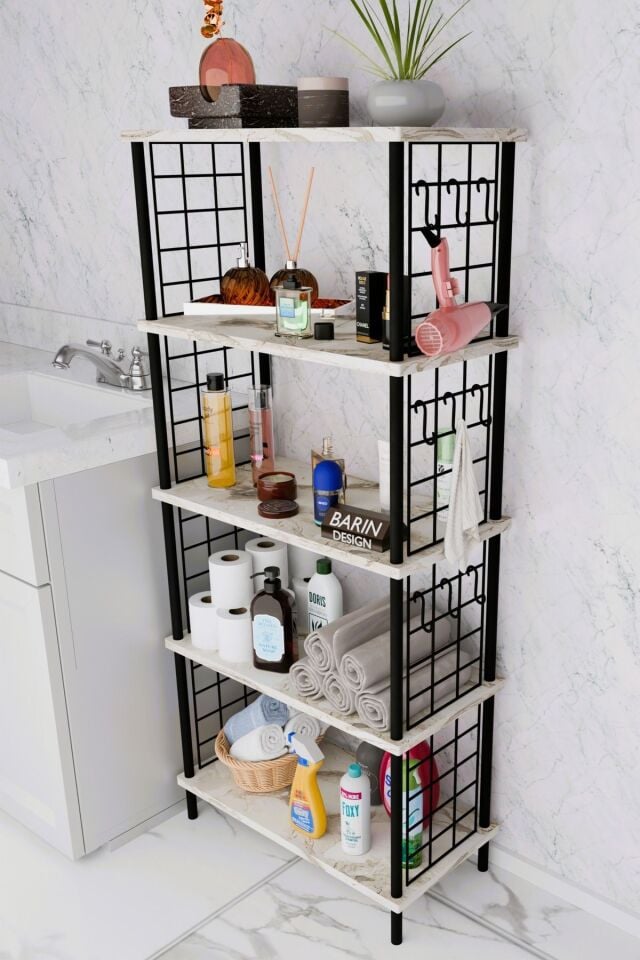 5 Raflı Çevir-Kur Raf Ünitesi | Telli Metal Gövdeli Organizer | Banyo, Mutfak, Balkon, Antre Uyumlu Beyaz Mermer