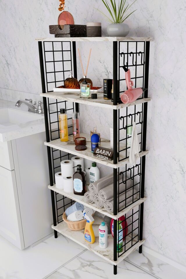 5 Raflı Çevir-Kur Raf Ünitesi | Telli Metal Gövdeli Organizer | Banyo, Mutfak, Balkon, Antre Uyumlu Beyaz Mermer