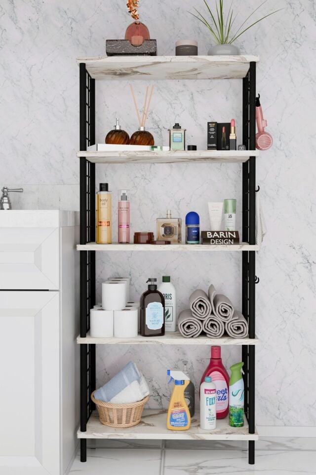 5 Raflı Çevir-Kur Raf Ünitesi | Telli Metal Gövdeli Organizer | Banyo, Mutfak, Balkon, Antre Uyumlu Beyaz Mermer