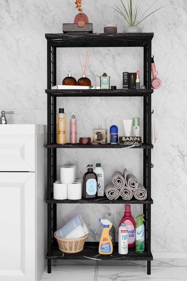 5 Raflı Çevir-Kur Raf Ünitesi | Telli Metal Gövdeli Organizer | Banyo, Mutfak, Balkon, Antre Uyumlu Siyah Mermer