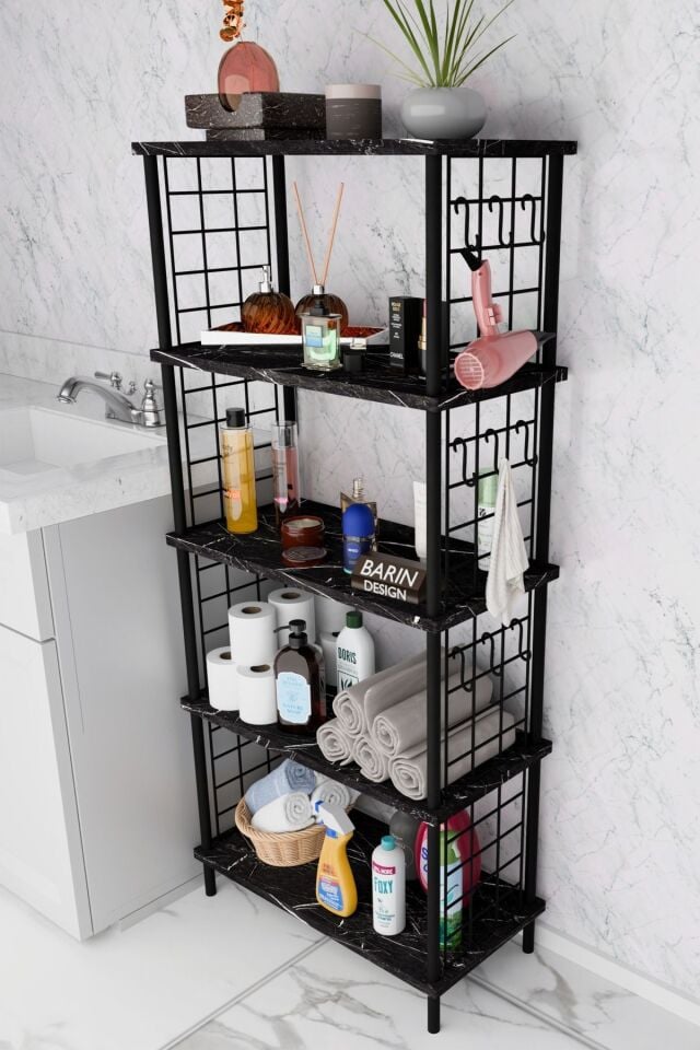 5 Raflı Çevir-Kur Raf Ünitesi | Telli Metal Gövdeli Organizer | Banyo, Mutfak, Balkon, Antre Uyumlu Siyah Mermer