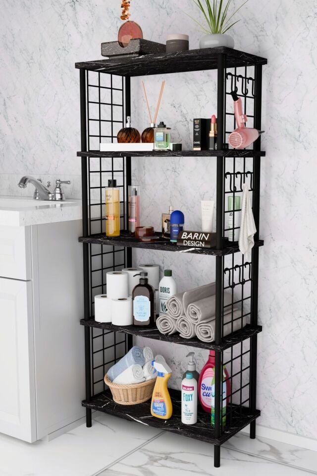 5 Raflı Çevir-Kur Raf Ünitesi | Telli Metal Gövdeli Organizer | Banyo, Mutfak, Balkon, Antre Uyumlu Siyah Mermer