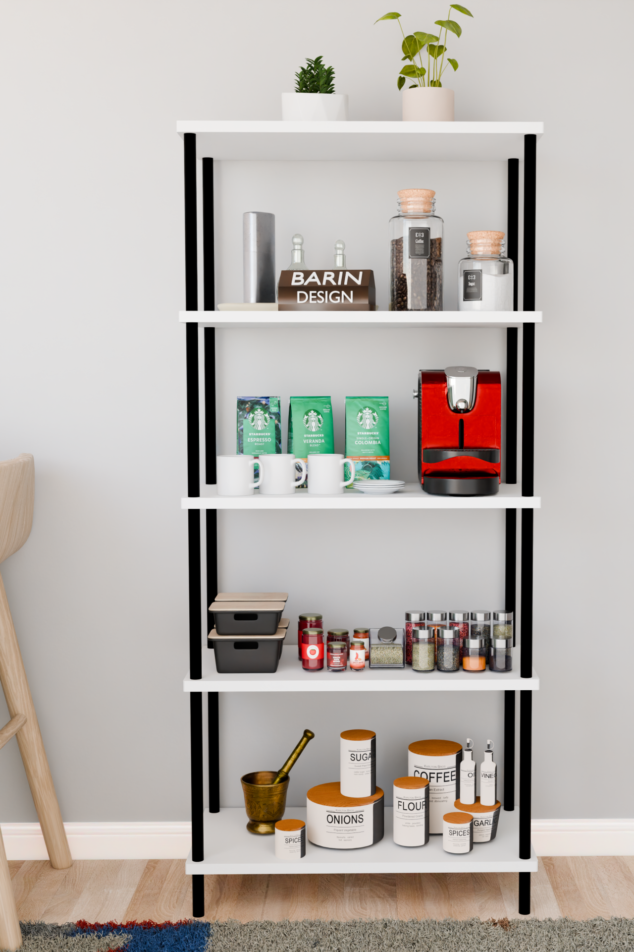 5 Raflı Çevir Kur Çok Amaçlı Raf Mutfak, Kiler, Ofis, Depo Kullanımına Uygun Açık Raflı Düzenleyici Beyaz