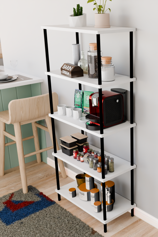 5 Raflı Çevir Kur Çok Amaçlı Raf Mutfak, Kiler, Ofis, Depo Kullanımına Uygun Açık Raflı Düzenleyici Beyaz