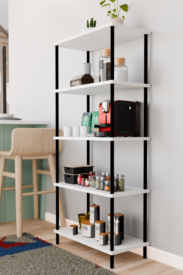 5 Raflı Çevir Kur Çok Amaçlı Raf Mutfak, Kiler, Ofis, Depo Kullanımına Uygun Açık Raflı Düzenleyici Beyaz