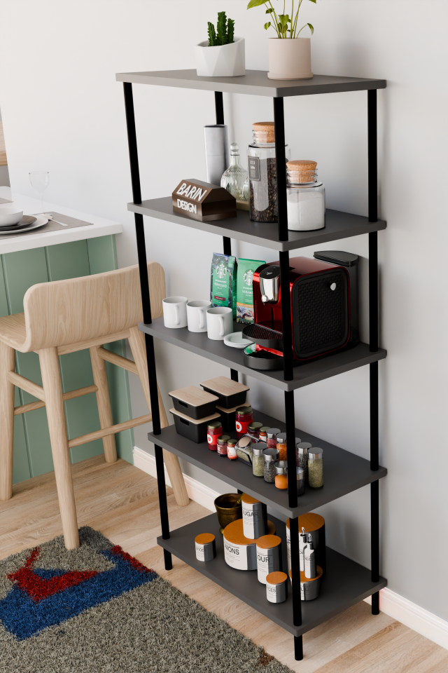 5 Raflı Çevir Kur Çok Amaçlı Raf Mutfak, Kiler, Ofis, Depo Kullanımına Uygun Açık Raflı Düzenleyici Antrasit