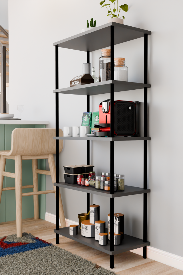 5 Raflı Çevir Kur Çok Amaçlı Raf Mutfak, Kiler, Ofis, Depo Kullanımına Uygun Açık Raflı Düzenleyici Antrasit