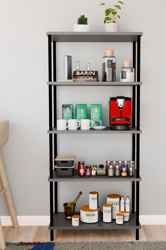 Barın Design 5 Raflı Çevir Kur Çok Amaçlı Raf Mutfak, Kiler, Ofis, Depo Kullanımına Uygun Açık Raflı Düzenleyici Antrasit