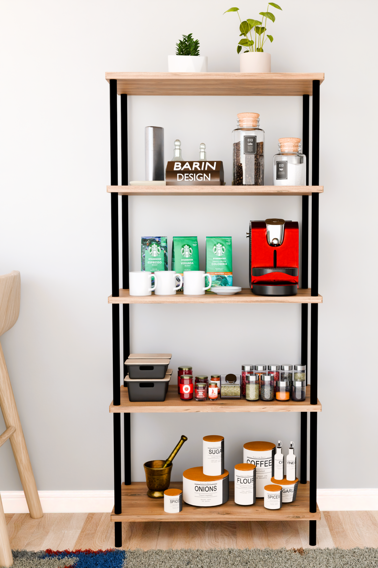 5 Raflı Çevir Kur Çok Amaçlı Raf Mutfak, Kiler, Ofis, Depo Kullanımına Uygun Açık Raflı Düzenleyici Atlantik Çam