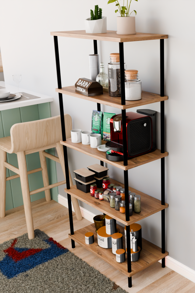 5 Raflı Çevir Kur Çok Amaçlı Raf Mutfak, Kiler, Ofis, Depo Kullanımına Uygun Açık Raflı Düzenleyici Atlantik Çam