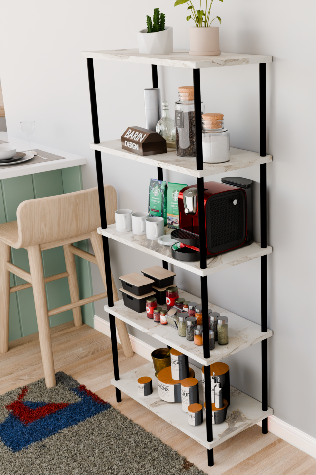 5 Raflı Çevir Kur Çok Amaçlı Raf Mutfak, Kiler, Ofis, Depo Kullanımına Uygun Açık Raflı Düzenleyici Beyaz Mermer