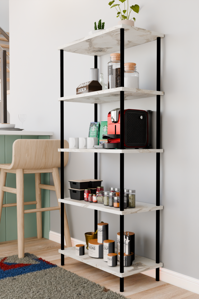 5 Raflı Çevir Kur Çok Amaçlı Raf Mutfak, Kiler, Ofis, Depo Kullanımına Uygun Açık Raflı Düzenleyici Beyaz Mermer