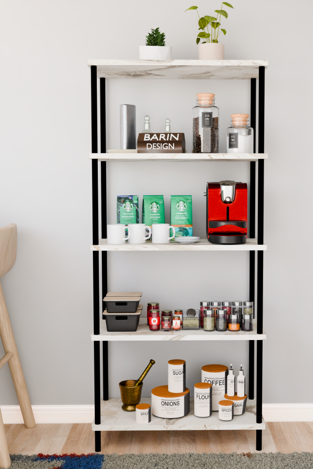 5 Raflı Çevir Kur Çok Amaçlı Raf Mutfak, Kiler, Ofis, Depo Kullanımına Uygun Açık Raflı Düzenleyici Beyaz Mermer