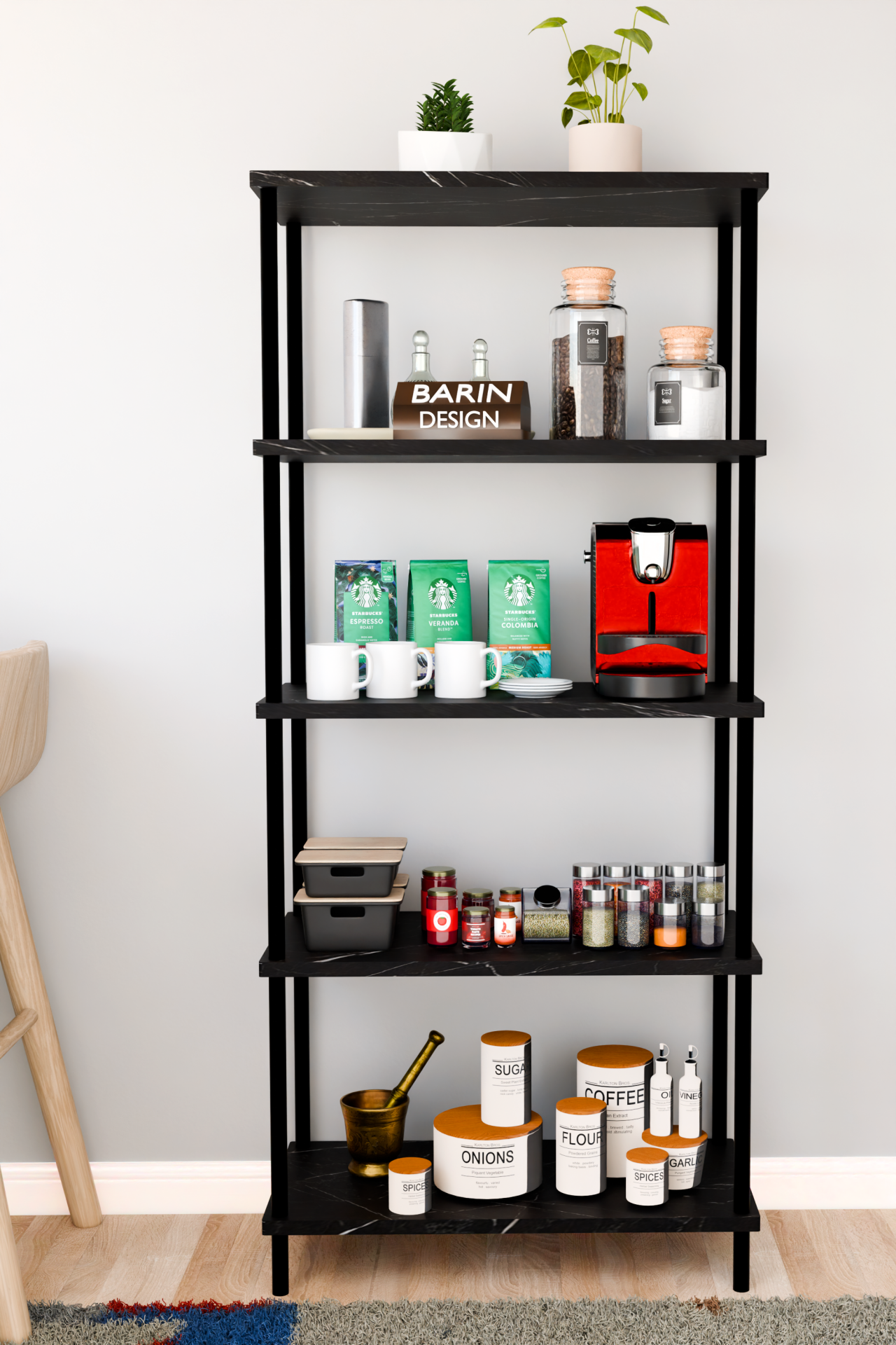 5 Raflı Çevir Kur Çok Amaçlı Raf Mutfak, Kiler, Ofis, Depo Kullanımına Uygun Açık Raflı Düzenleyici Siyah Mermer