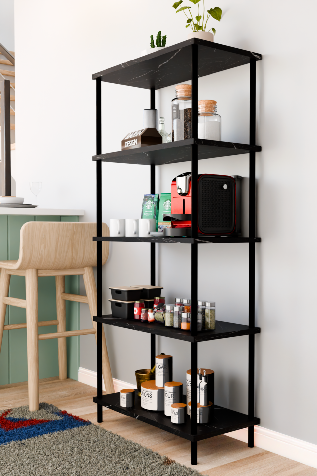 5 Raflı Çevir Kur Çok Amaçlı Raf Mutfak, Kiler, Ofis, Depo Kullanımına Uygun Açık Raflı Düzenleyici Siyah Mermer