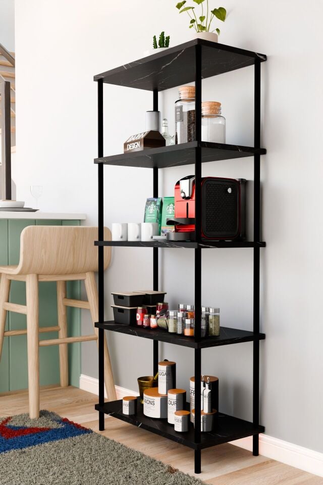 5 Raflı Çevir Kur Çok Amaçlı Raf Mutfak, Kiler, Ofis, Depo Kullanımına Uygun Açık Raflı Düzenleyici Siyah Mermer