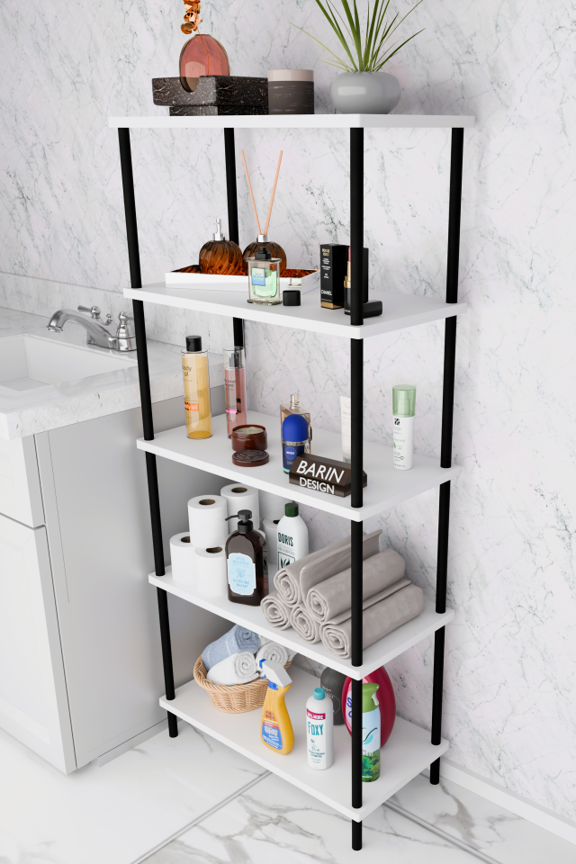 5 Raflı Çevir-Kur Raf Ünitesi | Çok Amaçlı Düzenleyici | Kolay Kurulum Banyo Mutfak Ofis Uyumlu Raf Beyaz