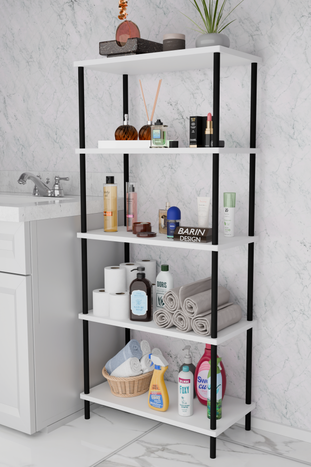 5 Raflı Çevir-Kur Raf Ünitesi | Çok Amaçlı Düzenleyici | Kolay Kurulum Banyo Mutfak Ofis Uyumlu Raf Beyaz