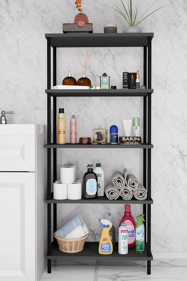 5 Raflı Çevir-Kur Raf Ünitesi | Çok Amaçlı Düzenleyici | Kolay Kurulum Banyo Mutfak Ofis Uyumlu Raf Antrasit