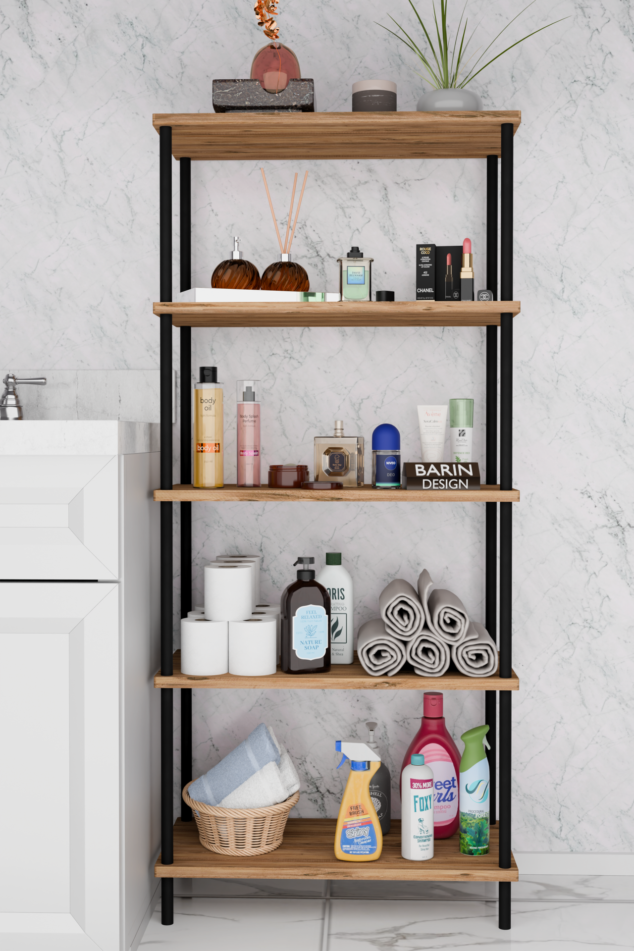 5 Raflı Çevir-Kur Raf Ünitesi | Çok Amaçlı Düzenleyici | Kolay Kurulum Banyo Mutfak Ofis Uyumlu Raf Atlantik Çam