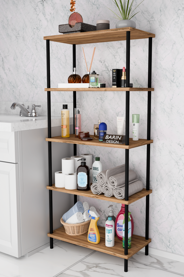 5 Raflı Çevir-Kur Raf Ünitesi | Çok Amaçlı Düzenleyici | Kolay Kurulum Banyo Mutfak Ofis Uyumlu Raf Atlantik Çam