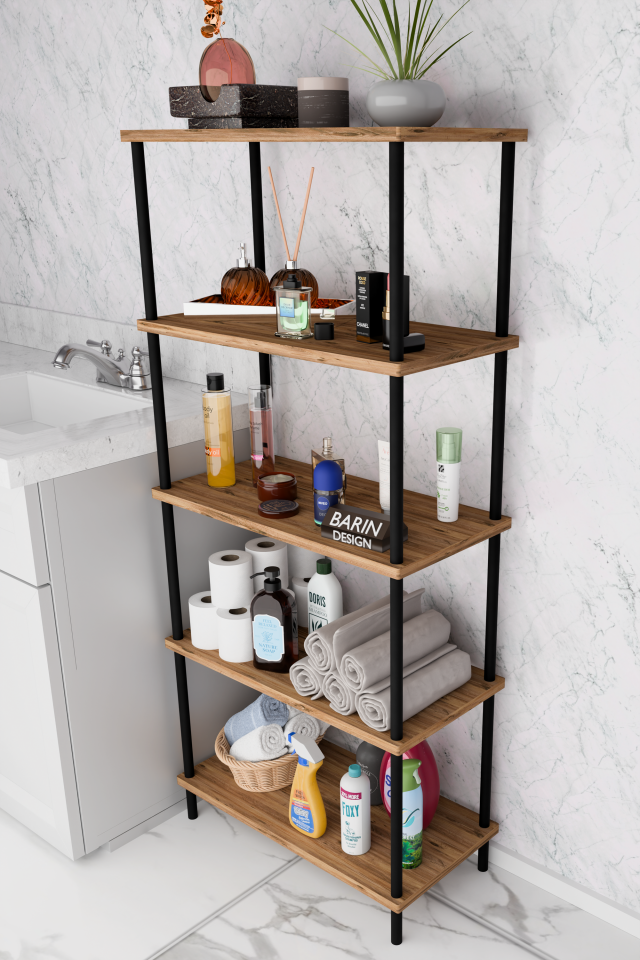 5 Raflı Çevir-Kur Raf Ünitesi | Çok Amaçlı Düzenleyici | Kolay Kurulum Banyo Mutfak Ofis Uyumlu Raf Atlantik Çam