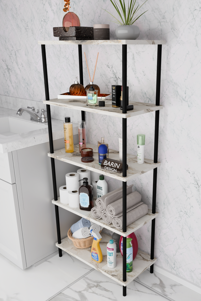 5 Raflı Çevir-Kur Raf Ünitesi | Çok Amaçlı Düzenleyici | Kolay Kurulum Banyo Mutfak Ofis Uyumlu Raf Beyaz Mermer