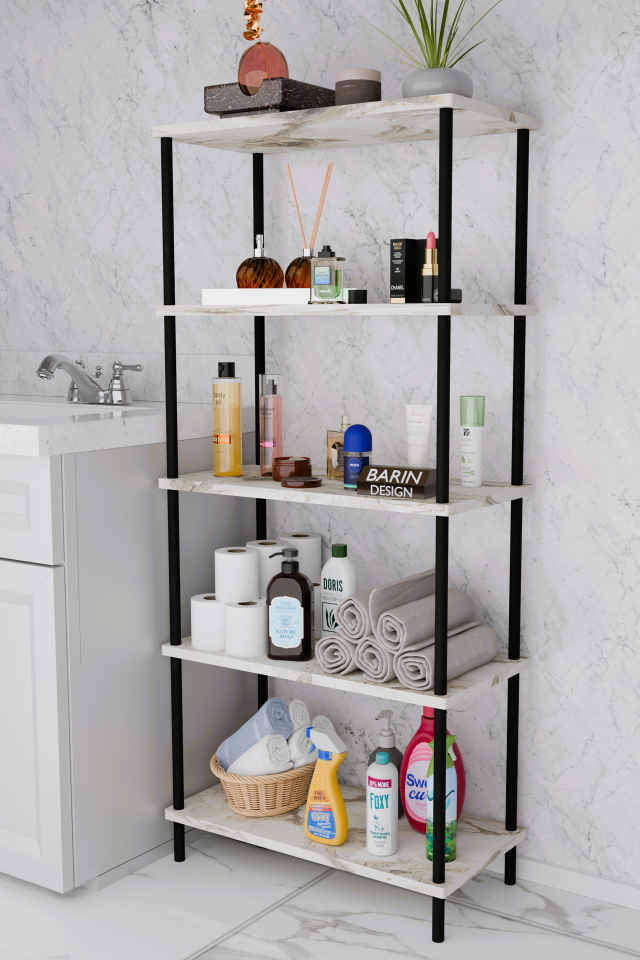 5 Raflı Çevir-Kur Raf Ünitesi | Çok Amaçlı Düzenleyici | Kolay Kurulum Banyo Mutfak Ofis Uyumlu Raf Beyaz Mermer