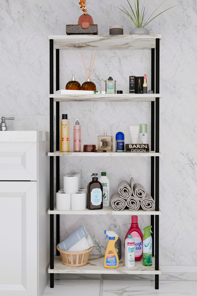 5 Raflı Çevir-Kur Raf Ünitesi | Çok Amaçlı Düzenleyici | Kolay Kurulum Banyo Mutfak Ofis Uyumlu Raf Beyaz Mermer