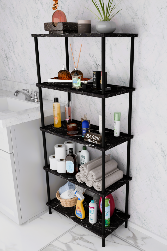 5 Raflı Çevir-Kur Raf Ünitesi | Çok Amaçlı Düzenleyici | Kolay Kurulum Banyo Mutfak Ofis Uyumlu Raf Siyah Mermer