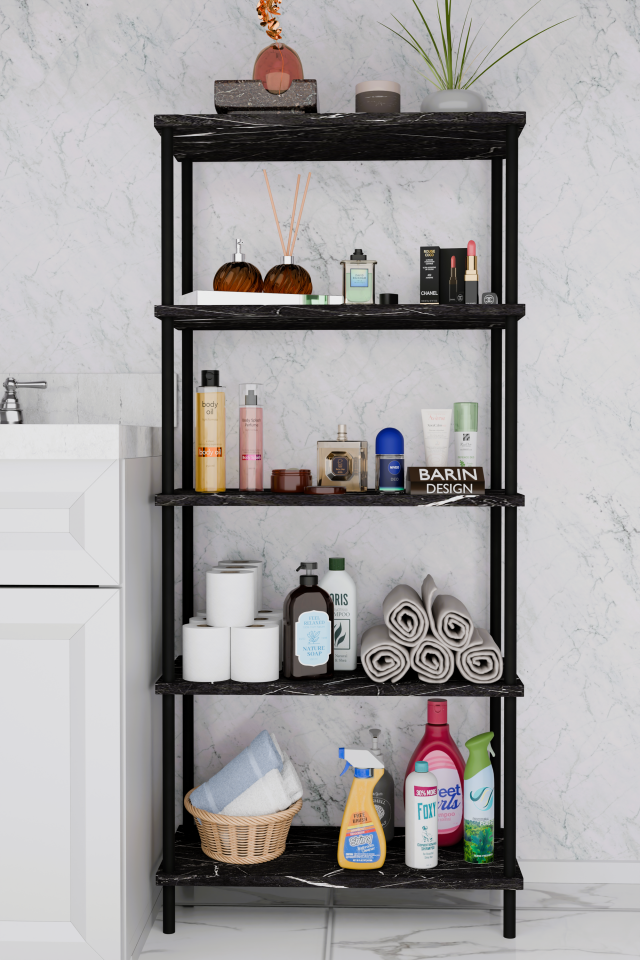 5 Raflı Çevir-Kur Raf Ünitesi | Çok Amaçlı Düzenleyici | Kolay Kurulum Banyo Mutfak Ofis Uyumlu Raf Siyah Mermer