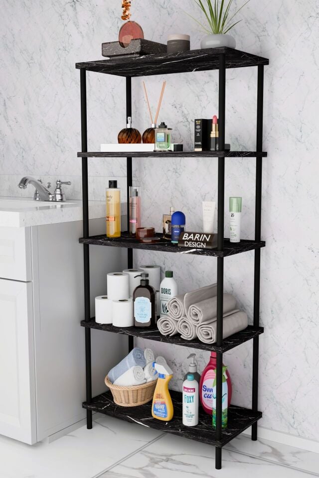 5 Raflı Çevir-Kur Raf Ünitesi | Çok Amaçlı Düzenleyici | Kolay Kurulum Banyo Mutfak Ofis Uyumlu Raf Siyah Mermer