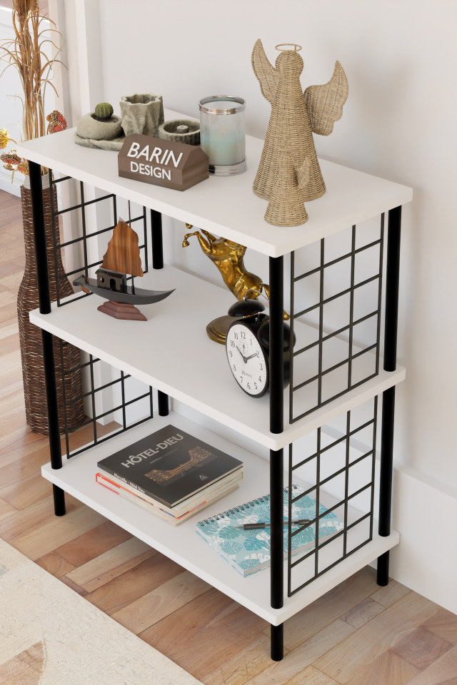 3 Katlı Çevir Kur Dekoratif Salon Rafı Tel Yan Panelli Açık Kitaplık, Biblo ve Aksesuar Düzenleyici Beyaz