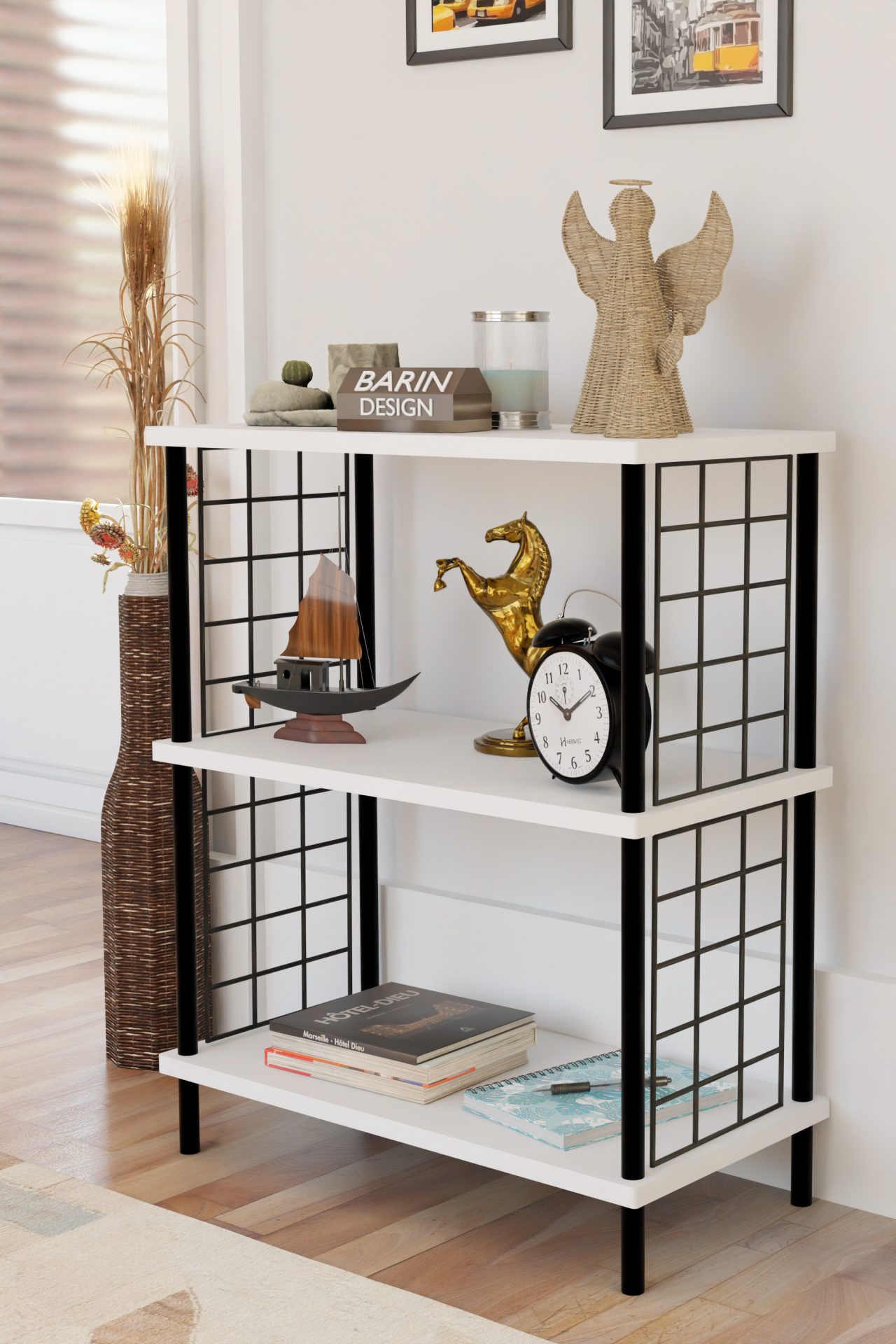 3 Katlı Çevir Kur Dekoratif Salon Rafı Tel Yan Panelli Açık Kitaplık, Biblo ve Aksesuar Düzenleyici Beyaz